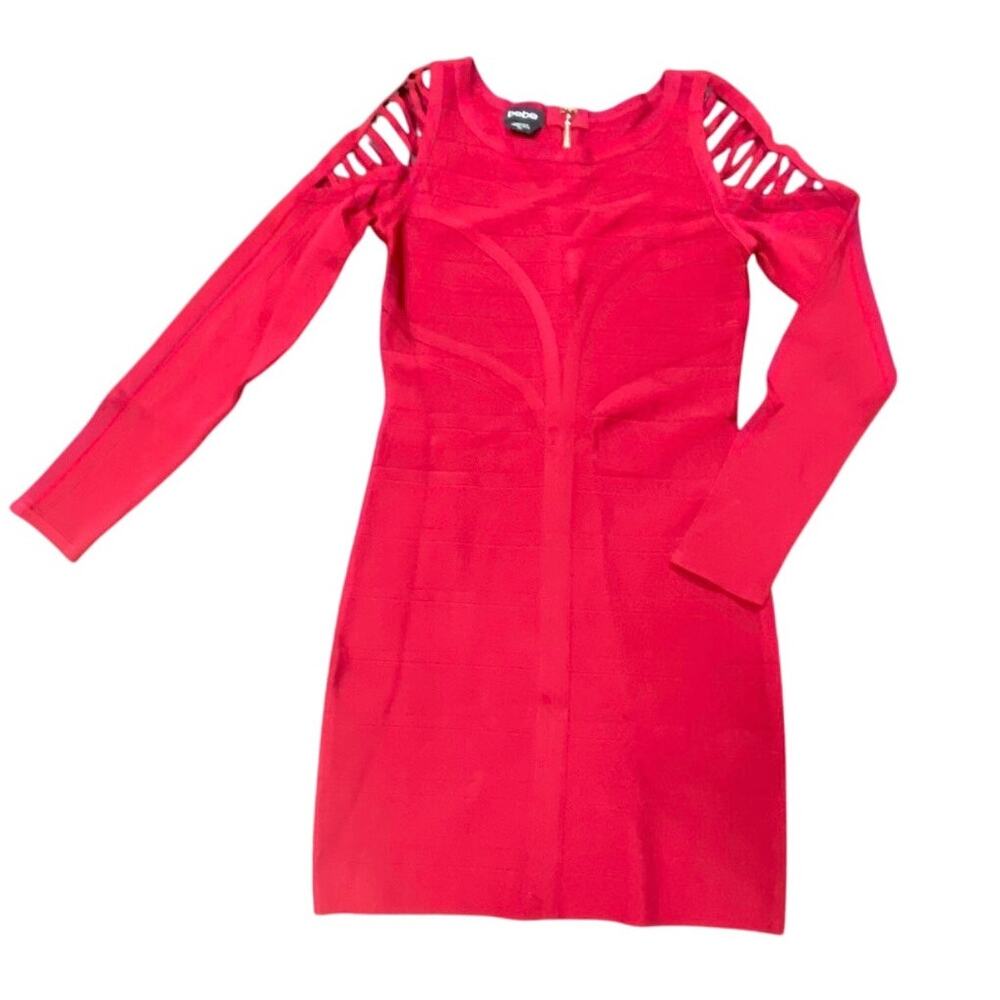 Bebe Red Bandage Bodycon Dress Women’s Medium Cutout Shoulder Long Sleeve Party